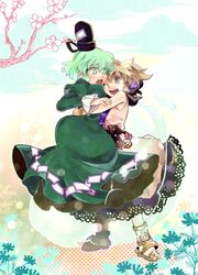  absurdres blonde_hair blush bracelet dress earmuffs flower ghost_tail green_dress green_eyes green_hair hat highres hug jewelry long_skirt long_sleeves multiple_girls multiple_tails open_mouth oziya_magicrice puffy_sleeves short_hair skirt sleeveless soga_no_tojiko tail tate_eboshi touhou toyosatomimi_no_miko transparent wink 