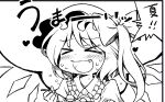  &gt;_&lt; blush bow closed_eyes eyes_closed fang flandre_scarlet food hair_bow hat heart honda_(artist) monochrome open_mouth short_hair side_ponytail solo spoon touhou wings 