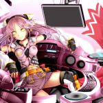  detached_sleeves fingerless_gloves gloves hair_ornament hairclip headphones kazetto looking_at_viewer midriff navel original pink_hair sitting skirt smile solo yellow_eyes 