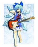  atsumi_haru barefoot blue_eyes blue_hair bow cirno electric_guitar guitar hair_bow instrument open_mouth plectrum smile solo touhou whammy_bar wink 