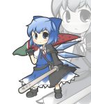  adapted_costume advent_cirno bad_id blue_hair bow cirno detached_wings dual_wielding hair_bow highres ice ice_wings long_sleeves short_hair short_sleeves solo standing sword touhou weapon wings yuasan 