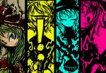  bad_id bow character_request closed_eyes eyes_closed f7(eiki) frills front_ponytail green_eyes green_hair hair_bow hair_ornament hair_ribbon kagiyama_hina komeiji_koishi long_hair multiple_girls multiple_monochrome no_nose one-eyed ribbon smile third_eye touhou toyosatomimi_no_miko 