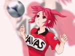  :o ball cr4781 hair_bobbles hair_ornament onozuka_komachi red_eyes red_hair redhead short_hair short_twintails soccer soccer_ball soccer_uniform solo tango_(soccer_ball) touhou twintails urawa_red_diamonds zoom_layer 