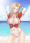  arms_up beach bikini bikini_bottom blonde_hair blue_eyes breasts dead_or_alive hips jewelry large_breasts long_hair looking_at_viewer navel necklace smile solo swimsuit thighs tina_armstrong vasily_(run211) white_bikini 