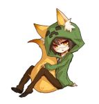  animal_ears between_legs brown_hair creeparka creeper fox_ears fox_tail glasses looking_at_viewer lowres minecraft simple_background solo tail tail_between_legs tail_hug white_background yellow_eyes zipper 