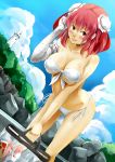  alternate_costume bag bandage bandages bandeau bare_shoulders bikini blush breasts collarbone double_bun front-tie_top ibaraki_kasen nishiuri panties pink_hair short_hair side-tie_bikini sky slippers smile solo swimsuit touhou underwear white_panties 