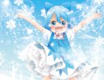  berry_jou blue_eyes blue_hair blush bow cirno detached_wings hair_bow ice ice_wings open_mouth outstretched_arms puffy_sleeves short_hair short_sleeves solo touhou wings 