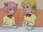  blonde_hair bow cake chargeman_ken! cup dessert drill_hair food hair_ornament hair_ribbon kaname_madoka lowres mahou_shoujo_madoka_magica multiple_girls parody pink_hair retro ribbon school_uniform style_parody table teacup tomoe_mami twin_drills twintails 