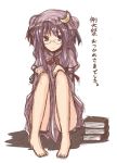  barefoot glasses hat long_hair looking_at_viewer patchouli_knowledge rock_heart simple_background sitting sketch solo touhou translated translation_request white_background 