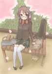  absurdres blush breasts brown_eyes brown_hair cat cherry_blossoms glasses headphones highres original petals rock_heart short_hair sitting skirt smile solo thigh-highs thighhighs 
