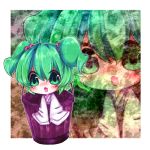  ahoge blush bucket green_eyes green_hair hair_bobbles hair_ornament in_bucket in_container kisume long_sleeves open_mouth short_hair solo touhou twintails wide_sleeves yuya_(night_lily) 