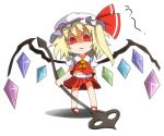  ascot blonde_hair collarbone flandre_scarlet hat hat_ribbon laevatein navel open_mouth puffy_sleeves red_eyes ribbon short_hair short_sleeves side_ponytail slit_pupils solo touhou wakame_mi weapon white_background 