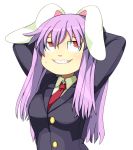  arms_behind_head arms_up bunny_ears buttons flat_gaze formal grin highres hospital_king kimonge looking_away necktie purple_hair rabbit_ears red_eyes reisen_udongein_inaba simple_background smile suit sweatdrop teeth touhou white_background 