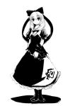  1girl boots bow dress front_ponytail hair_bow hair_ornament hair_ribbon hakano_shinshi kagiyama_hina long_hair looking_at_viewer monochrome ribbon shadow simple_background smile solo touhou white_background 