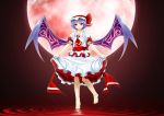  aru1025330 ascot barefoot blue_hair curtsey hat hat_ribbon highres moon puffy_sleeves red_eyes red_moon remilia_scarlet ribbon short_hair short_sleeves smile solo touhou wings 