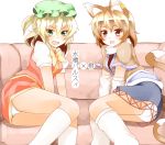  animal_ears arm_support arm_warmers blonde_hair blush bow brown_eyes brown_hair cat_ears cat_tail chen chen_(cosplay) cosplay costume_switch couch detached_sleeves fang green_eyes hat kneehighs looking_at_viewer mizuhashi_parsee mizuhashi_parsee_(cosplay) multiple_girls multiple_tails open_mouth panties pointy_ears ponytail puffy_sleeves short_hair short_sleeves sitting tail taniyamakisyou touhou underwear white_legwear white_panties yellow_eyes 