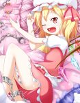  ass blonde_hair candy candy_jar chain chained chains fang flandre_scarlet hat hat_ribbon highres lying makuran no_panties on_side open_mouth pillow red_eyes ribbon shackle shirt side_ponytail skirt slit_pupils solo touhou wings wink 