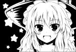  hat kirisame_marisa long_hair looking_at_viewer monochrome open_mouth rock_heart smile solo star touhou 