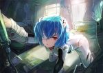  ayanami_rei bad_id bandage_over_one_eye bed blue_hair hair_ornament hospital_bed intravenous_drip neon_genesis_evangelion pillow plugsuit red_eyes short_hair solo sunlight zhuxiao517 