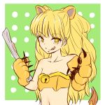  animal_ears bare_shoulders bell blonde_hair bone claws copyright_request highres lion_ears lion_tail long_hair miyo_(ranthath) navel paws smile solo tail tongue tongue_out yellow_eyes 