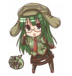  chibi genbu_(rock_heart) green_eyes green_hair hat long_hair necktie open_mouth original rock_heart simple_background solo translation_request very_long_hair white_background 