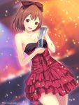  andou_hitomi bare_shoulders bow breasts brown_eyes brown_hair cleavage confetti dress frilled_dress frills hair_bow ilog jewelry mana_kakkowarai necklace short_hair smile solo strapless_dress 