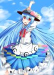  blue_hair blush bow cloud clouds ehimedaisuki food fruit hat highres hinanawi_tenshi leaf long_hair open_mouth outstretched_arms peach puffy_sleeves red_eyes short_sleeves sky solo touhou very_long_hair 