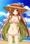  arms_behind_back bare_shoulders beach bikini braid breasts brown_hair cloud clouds collarbone hat innertube large_breasts long_hair looking_at_viewer mirai_suenaga multicolored_bikini original sand sky smile solo striped striped_bikini striped_swimsuit suenaga_mirai swimsuit tonee twin_braids under_boob underboob very_long_hair water 