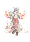  bandage bandages boots bow fire fujiwara_no_mokou kiseru mumulatte navel ofuda pants pipe red_eyes sarashi silver_hair solo suspenders touhou 