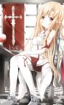 armor asuna_(sao) blonde_hair chair cup detached_sleeves glass highres long_hair red_eyes sitting skirt solo sword sword_art_online table thigh-highs thighhighs umagenzin weapon white_legwear wine_glass 