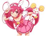  ;q antenna_hair azuma_yukihiko bowtie brooch candy_(smile_precure!) choker creature cure_happy dress frills hand_on_hip hips hoshizora_miyuki jewelry leaning_forward long_hair magical_girl pink_dress pink_eyes pink_hair precure skirt smile smile_precure! tiara tongue twintails v white_background wink wrist_cuffs 