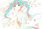  1girl artist_request blush character_name dress green_eyes hair_bobbles hatsune_miku heart long_hair multicolored_hair nail_polish simple_background solo source_request twintails vocaloid white_background 