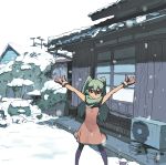  dress east_asian_architecture green_hair hatsune_miku mittens outstretched_arms pantyhose rias-coast scarf smile snow snowing solo spread_arms vocaloid yuki_miku 