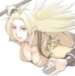  antenna_hair breasts brown_eyes cheetara cleavage down_blouse grin long_hair looking_at_viewer pointy_ears sketch smile solo thundercats ueyama_michirou white_background 