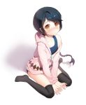  black_hair black_legwear blush braid copyright_request gilse hooded_jacket long_hair looking_at_viewer off_shoulder sitting solo swimsuit thigh-highs thighhighs wariza yellow_eyes 