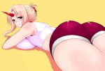  ass blonde_hair breast_press breasts han_(jackpot) horn horns hoshiguma_yuugi large_breasts light_smile long_hair looking_at_viewer looking_back lying on_stomach red_eyes shorts solo thighs touhou yellow_background 
