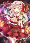  ascot bad_id blonde_hair blush bow crystal fang flandre_scarlet frills hat hat_bow jaku_sono laevatein open_mouth puffy_sleeves red_eyes short_hair short_sleeves side_ponytail solo touhou weapon wings wrist_cuffs 
