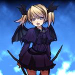  blonde_hair blue_eyes casper deathsmiles head_wings looking_at_viewer moth_sabbath open_mouth smile solo twintails weapon wings 