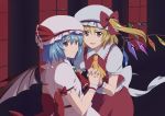  :d anime_coloring ascot bat_wings blonde_hair blue_hair bow flandre_scarlet hand_holding hat hat_bow hat_ribbon highres holding_hands interlocked_fingers looking_at_viewer multiple_girls open_mouth puffy_short_sleeves puffy_sleeves red_eyes remilia_scarlet ribbon short_hair short_sleeves siblings side_ponytail sisters skirt skirt_set smile touhou tuyuki8696 window wings wrist_cuffs 