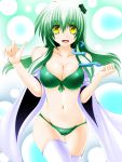  :d bikini blush breasts cleavage detached_sleeves engo_(aquawatery) frog_hair_ornament green_hair hair_ornament kochiya_sanae large_breasts long_hair navel open_mouth skindentation smile snake solo swimsuit thigh-highs thigh_gap thighhighs touhou white_legwear yellow_eyes 
