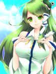  bare_shoulders breast_suppress breasts detached_sleeves frog_hair_ornament green_eyes green_hair hair_ornament hair_tubes kochiya_sanae large_breasts long_hair smile snake solo taut_shirt touhou yutazou 