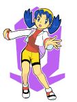  backpack bag bike_shorts blue_eyes blue_hair cropped_jacket crystal_(pokemon) hat holding holding_poke_ball low_twintails poke_ball pokemon pokemon_(game) pokemon_gsc simple_background solo tegaki tennis_shoes 