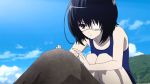 animated_gif another black_hair cloud clouds eyepatch flat_chest hill misaki_mei red_eyes sand sky squatting swimsuit truth water waves 
