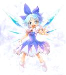  blue_eyes blue_hair cirno dress highres ice ice_wings im_(badmasa) open_mouth ribbon short_hair short_sleeves smile solo touhou wings 