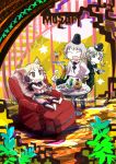  dress drink earmuffs food giselebon green_dress green_eyes green_hair grey_hair hat japanese_clothes kariginu mononobe_no_futo multiple_girls open_mouth short_hair skirt smile soga_no_tojiko tate_eboshi touhou toyosatomimi_no_miko 