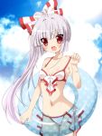  :d ahoge bikini blush bow bracelet front-tie_top fujiwara_no_mokou hair_bow innertube jewelry long_hair looking_at_viewer mound_of_venus navel open_mouth oryuu_aya red_eyes see-through side-tie_bikini silver_hair smile solo swimsuit touhou white_bikini 