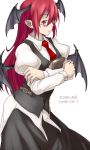  bat_wings belt bespectacled book demon_wings glasses head_wings koakuma long_hair long_sleeves necktie oso_(toolate) pointy_ears puffy_sleeves red_eyes red_hair redhead simple_background solo touhou white_background wings 