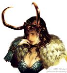  1girl black_hair breasts bridal_gauntlets cleavage fur_trim genderswap green_eyes helmet horns loki_(marvel) marvel reine_(artist) solo watermark weibo 