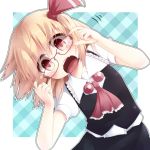  ascot bespectacled blonde_hair blush bust face fangs glasses head_tilt open_mouth razy_(skuroko) red_eyes rumia short_hair solo touhou 