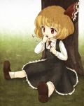  ascot bad_id blonde_hair child eating outdoors red_eyes rumia shoes short_hair sitting socks solo touhou tree urin 